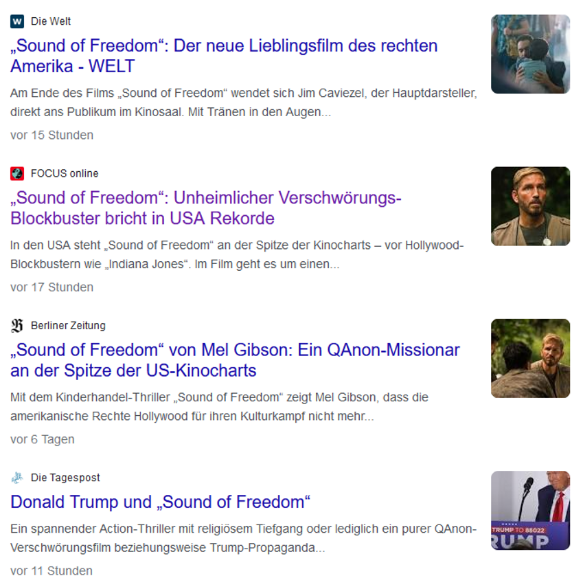 Screenshot google.de: Deutsche Suchergebnisse zu "Sound of Freedom"