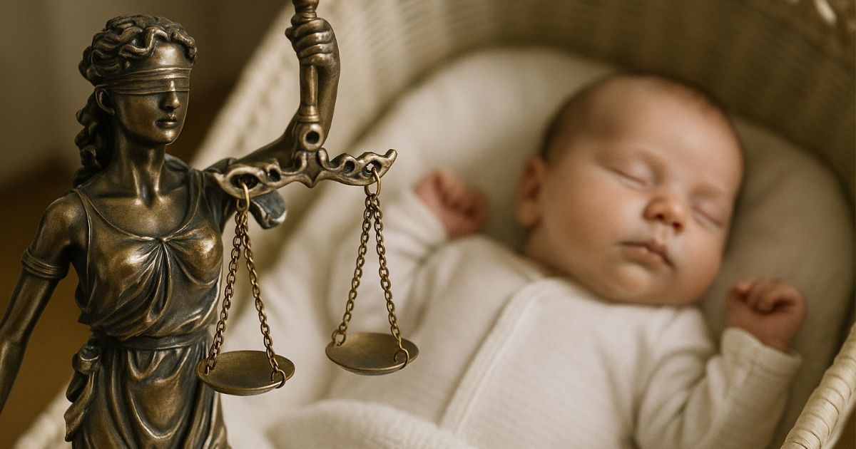 Statue einer Justizia vor einem Baby in einer Wiege